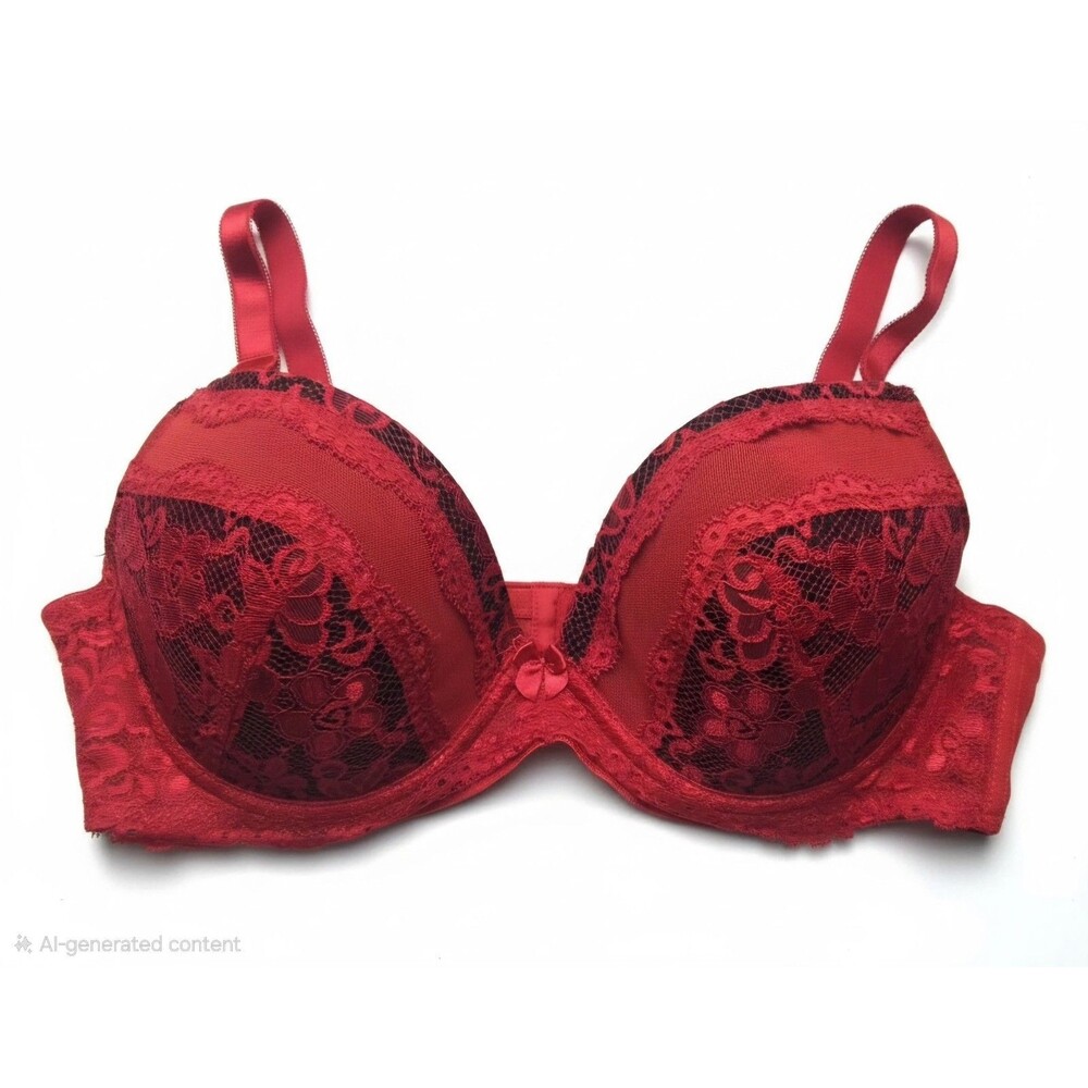 Womens Red Bow Black Lace Push Up Underwire Bra Sz 38C